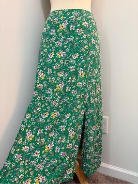 Green Floral Maxi Skirt with Front Slits